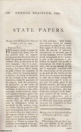 Item #358508 State Papers, 1795. An original article from The Annual Register for 1795. Annual...
