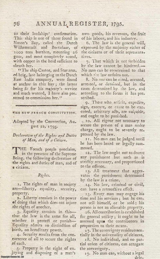 Item #358514 1795. Declaration of the Rights and Duties of Man, and of a Citizen. The New French Constitution. Adopted by the Convention, August 22, 1795. An original article from The Annual Register for 1795. Annual Register.