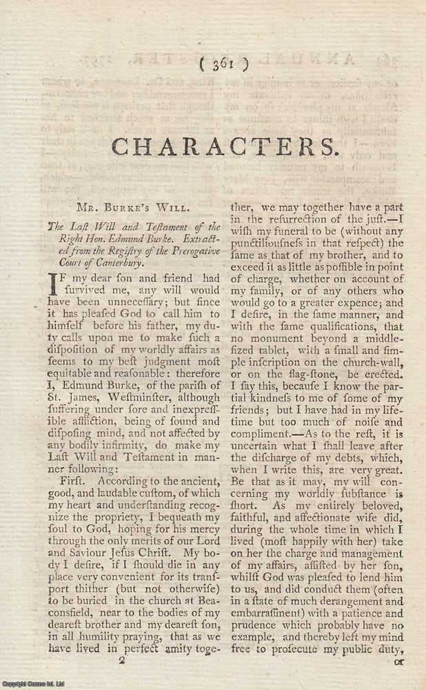 Item #358531 1797, Edmund Burke's Will. The Last Will and Testament of the Right Hon. Edmund Burke. An original article from The Annual Register for 1797. Annual Register.