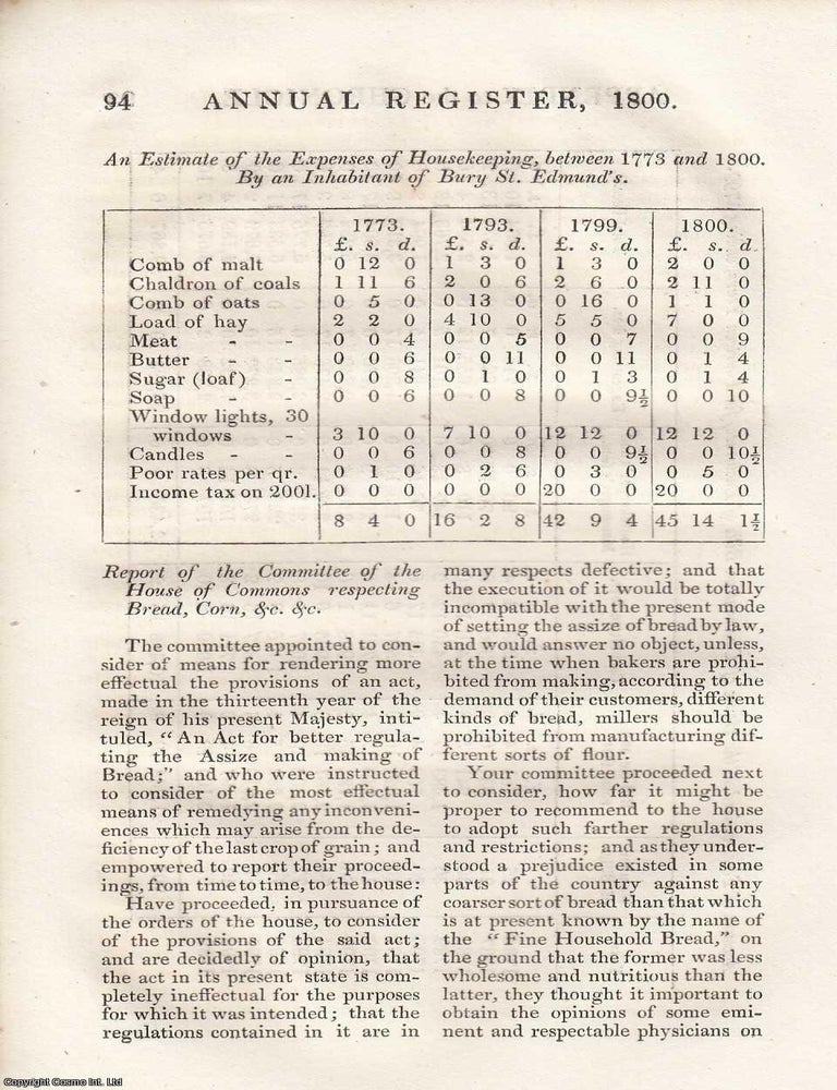Item #358573 Bread Scarcity, 1799. Various reports respecting the scarcity of corn and bread...