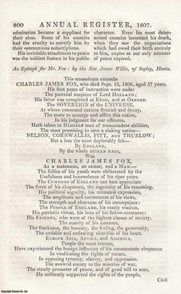 Item #358626 An Epitaph for Mr Fox, by the Rev James Eillis, of Sopley, Hants. An original...