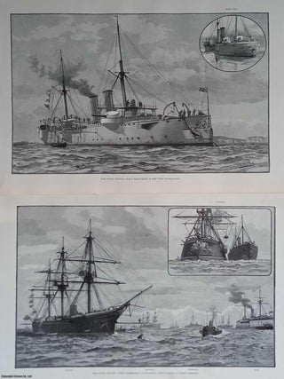 The Grand Naval Review, 1889. A rare, original print from The Illustrated London News, carefully removed and preserved : an important artifact of journalism's golden age! A large group of woodcut illustrations featuring the Naval Review, with accompanying text, including one double page view. From the Illustrated London News, 1889. A rare, original print from The Illustrated London News, carefully removed and preserved : an important artifact of journalism's golden age!