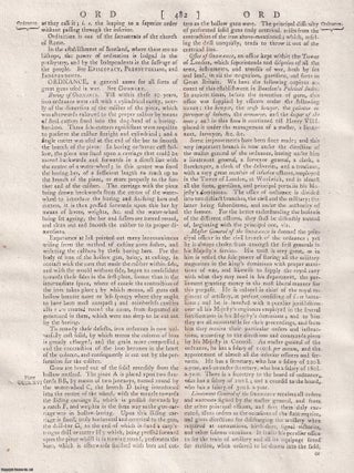 Ordnance, a general name for all sorts of great guns used in war. A rare original article from the Encyclopaedia Britannica, Dublin Edition 1797.