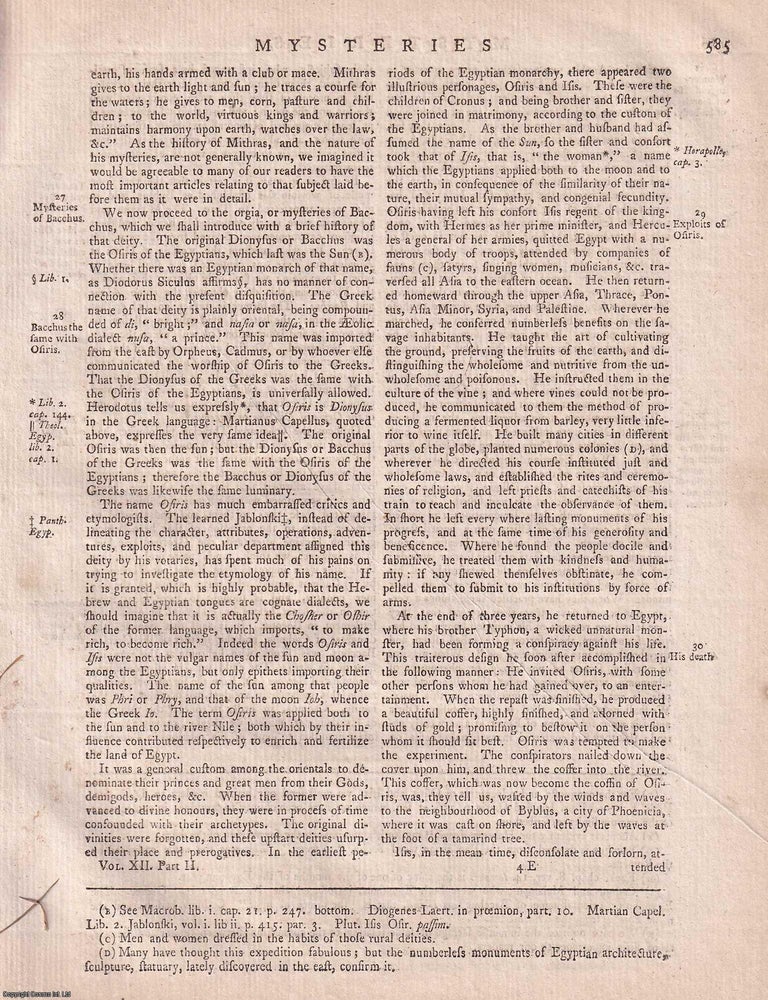 Item #358936 Mysteries, religious and philosophical. A rare original article from the Encyclopaedia Britannica, Dublin Edition 1797. RELIGIOUS AND PHILOSOPHICAL MYSTERIES.