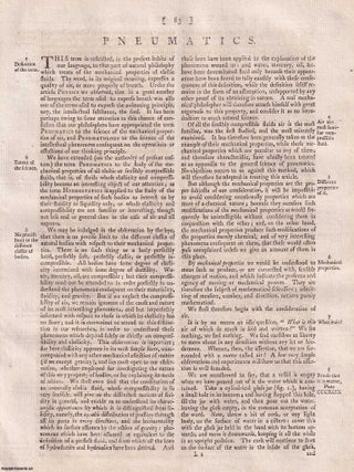 Pneumatics, the study of the mechanical properties of elastic or compressible fluids, with 10 engraved copper plates. A rare original article from the Encyclopaedia Britannica, Dublin Edition 1797.