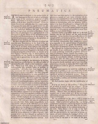 Pneumatics, the study of the mechanical properties of elastic or compressible fluids, with 10 engraved copper plates. A rare original article from the Encyclopaedia Britannica, Dublin Edition 1797.