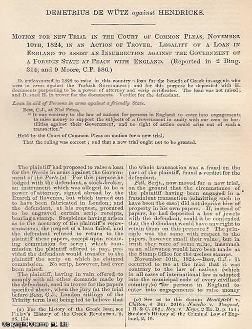 Item #359038 Legality of a Loan in England to Assist an Insurrection against the Government of a...