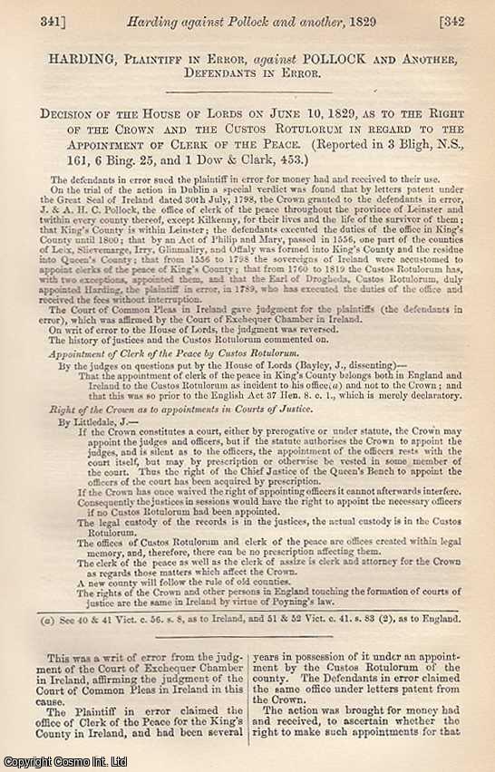 Item #359043 Right of the Crown and the Custos Rotulorum in Regard to the Appointment of Clerk of...