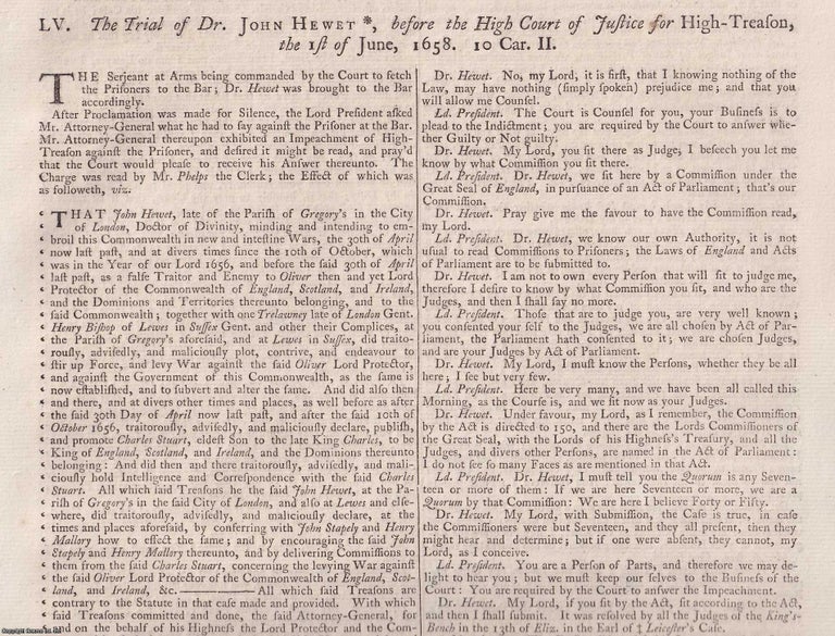 Item #359196 The Trial of Dr John Hewet, Chaplain to Charles I for High Treason (1658). Printed...