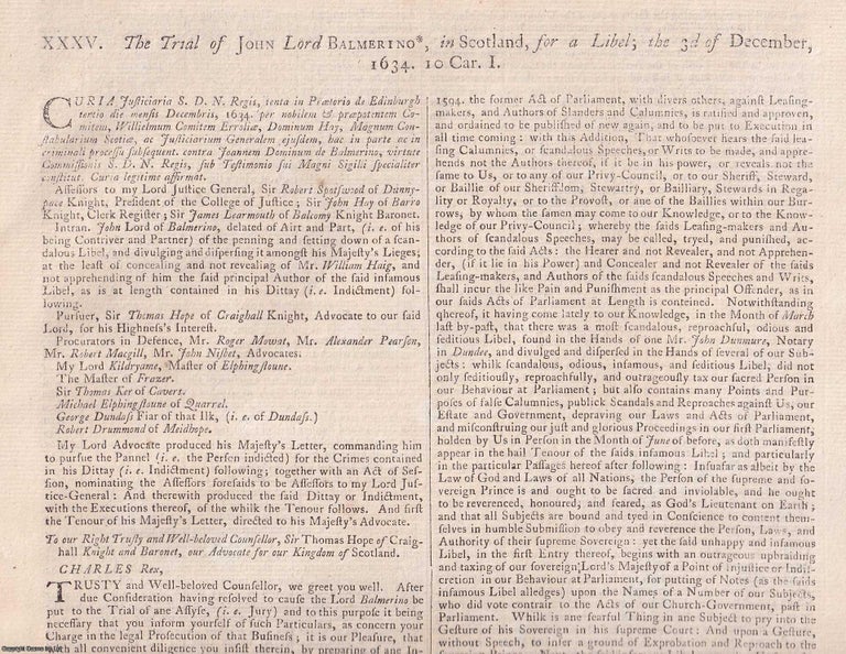Item #359203 COVENANTER. The Trial of John Lord Balmerino, in Scotland, for a Libel, the 3rd of December, 1634. An original report from the Collected State Trials, 1776. TRIAL.