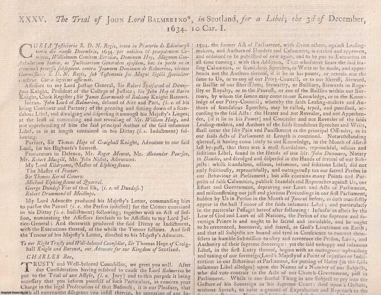 Item #359203 Sedition & Covenanters : The Trial of John Lord Balmerino for Libel (1634)....