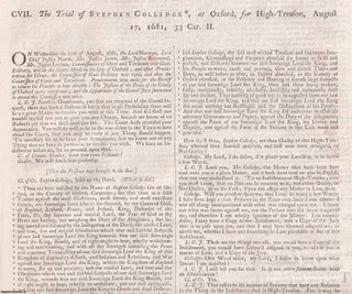Item #359209 POPISH PLOT. The Trial of Stephen Colledge, at Oxford, For High Treason, 1681. An...