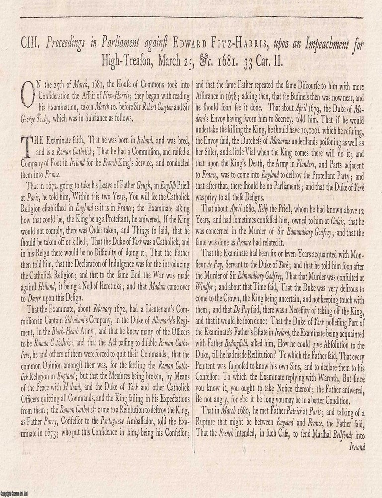 Item #359231 The 1681 Arraignment of Edward Fitzharris for High Treason in the Popish Plot...