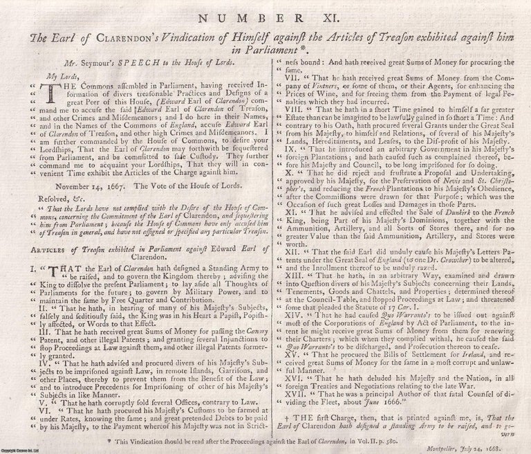 Item #359251 Earl of Clarendons Vindication against Articles of Treason (Montpelier, 1668)....