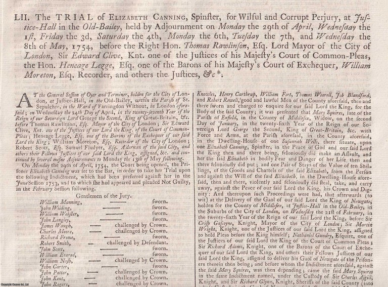 Item #359257 TRANSPORTED TO CONNECTICUT, AMERICA. The Trial of Elizabeth Canning, Spinster, for Wilful and Corrupt Perjury, at Justice Hall in the Old Bailey, held By Adjournment? 1754. [The Case of Ashley and Simons the Jew]. An original report from the Collected State Trials, 1779. TRIAL.