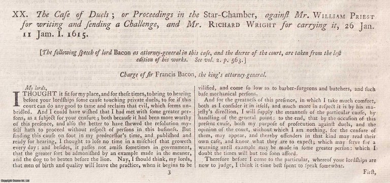 Item #359259 DUELLING. The Case of Duels; or Proceedings in the Star Chamber, against Mr William Priest for writing and sending a Challenge, and Mr Richard Wright for carrying it, 26 Jan, 1615. An original report from the Collected State Trials, 1781. TRIAL.