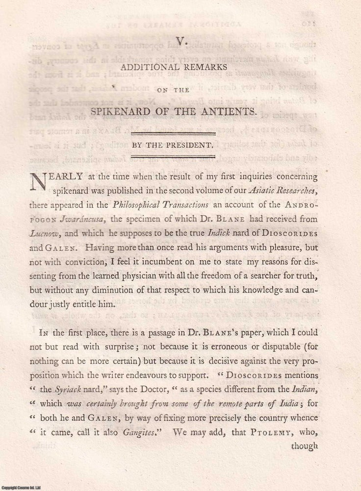 Item #359266 On the Spikenard of Antiquity, by Sir William Jones, 1799. AROMATIC PLANTS OF THE...