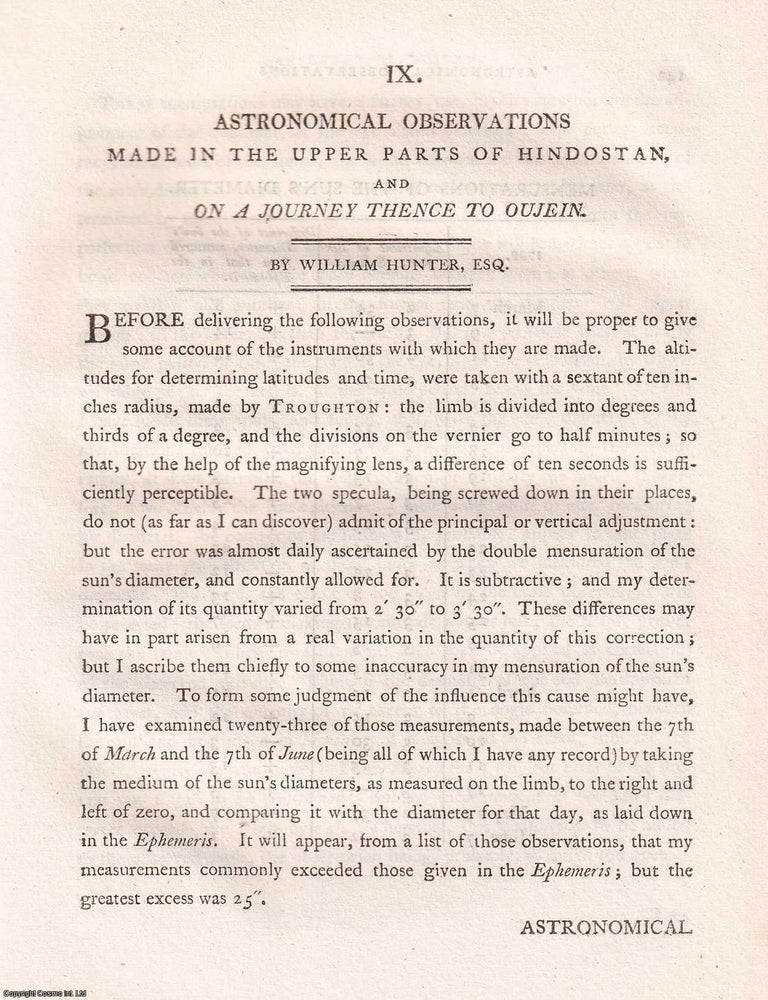 Item #359270 Astronomical Observations in Upper Hindustan and Oujein, by William Hunter, 1799....