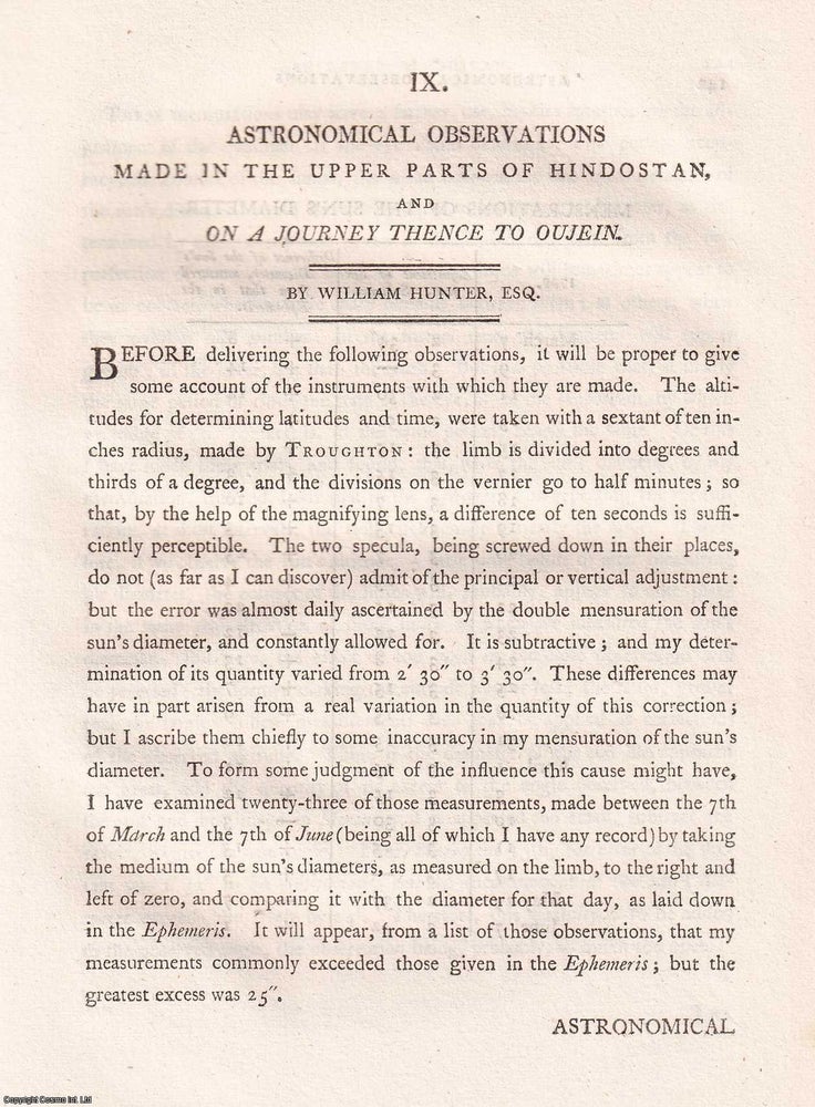 Item #359270 Astronomical Observations in Upper Hindustan and Oujein, by William Hunter, 1799....