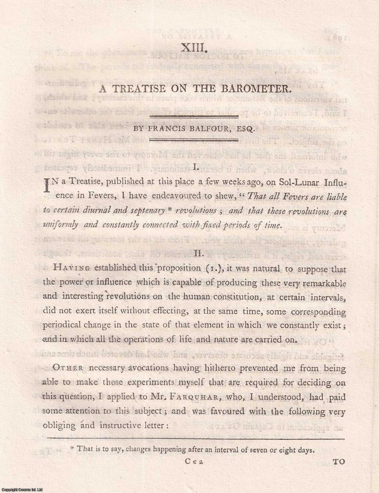Item #359274 A Treatise on the Barometer, by Francis Balfour, 1799. PRESSURE WEATHER, AND THE SCIENCE OF AIR.