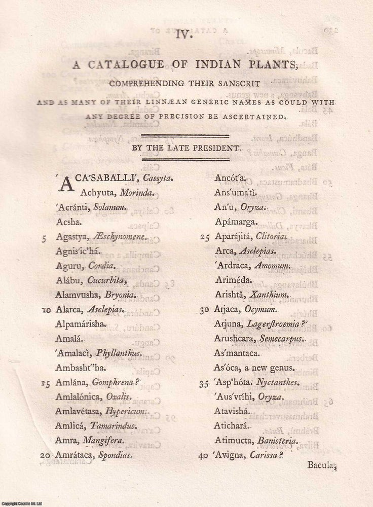 Item #359277 A Catalogue of Indian Plants, with Sanskrit and Linnaean Names, by Sir William...