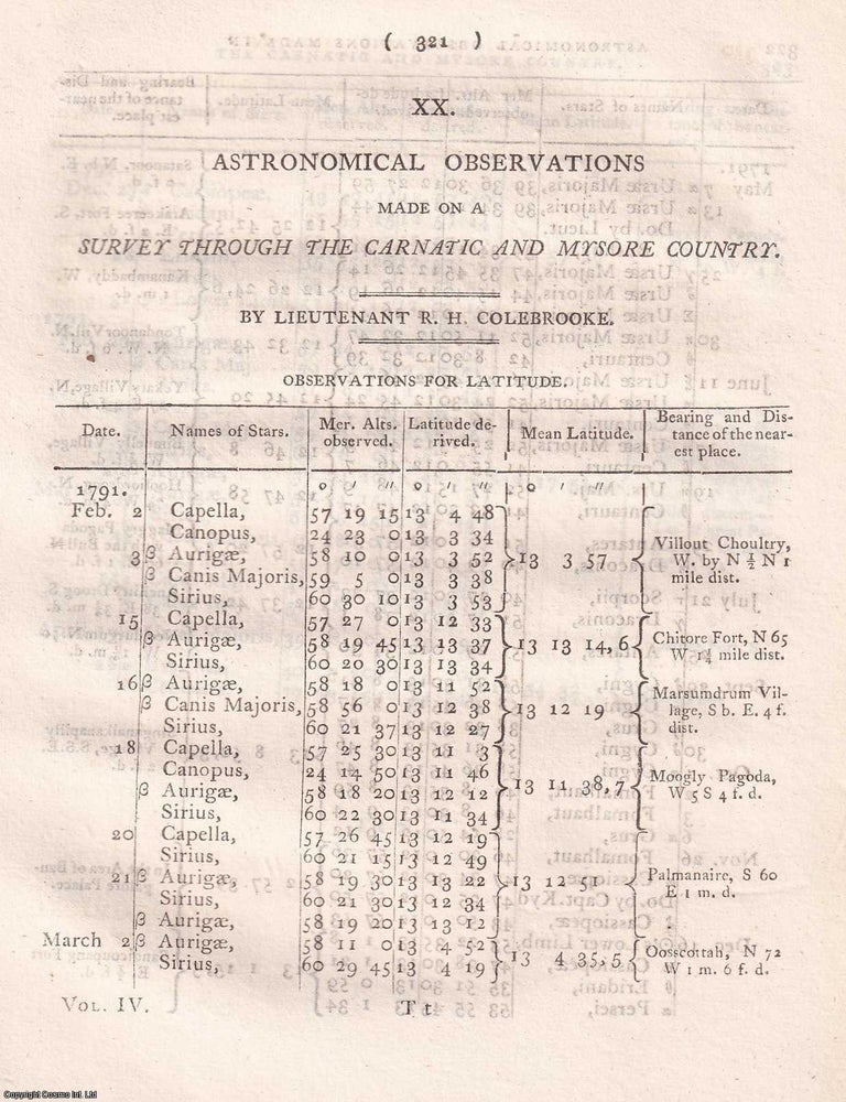 Item #359281 Astronomical Observations on a Survey through the Carnatic and Mysore Country, by...