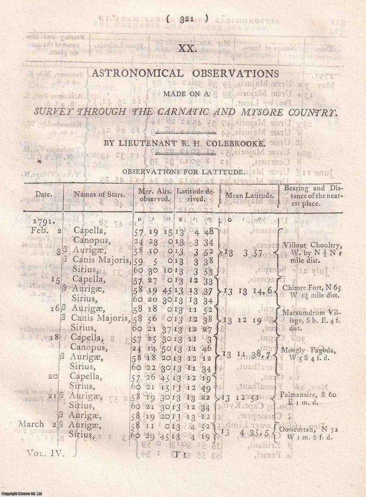 Item #359281 Astronomical Observations on a Survey through the Carnatic and Mysore Country, by...