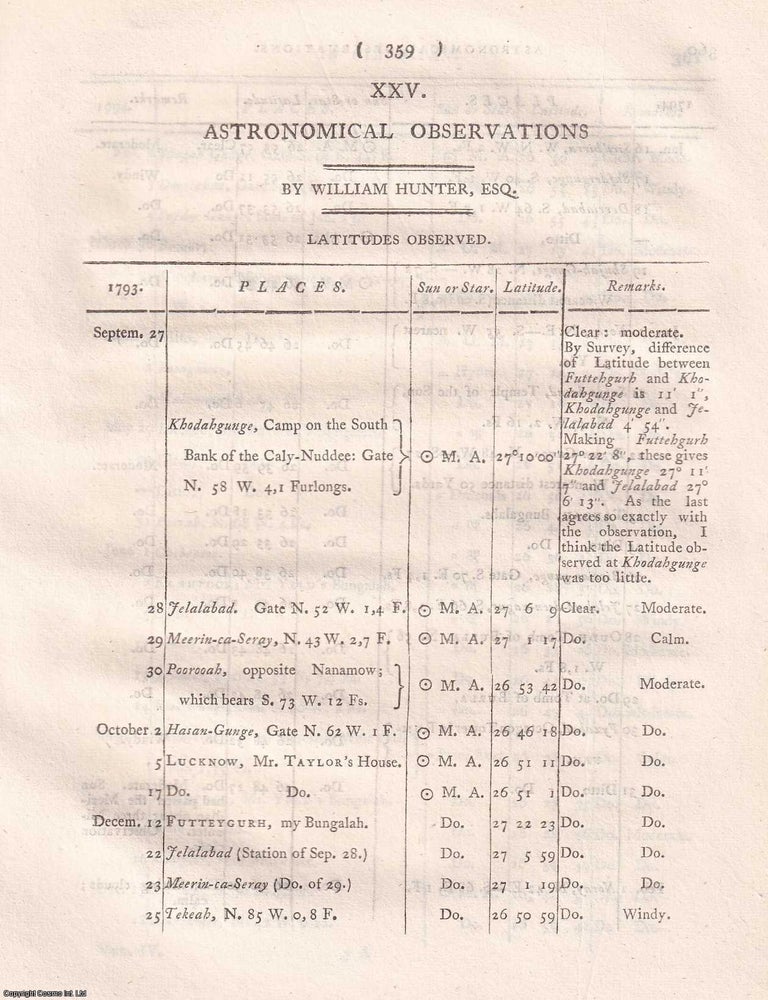 Item #359286 Astronomical Observations, by William Hunter, 1799. CHARTING THE HEAVENS ABOVE...