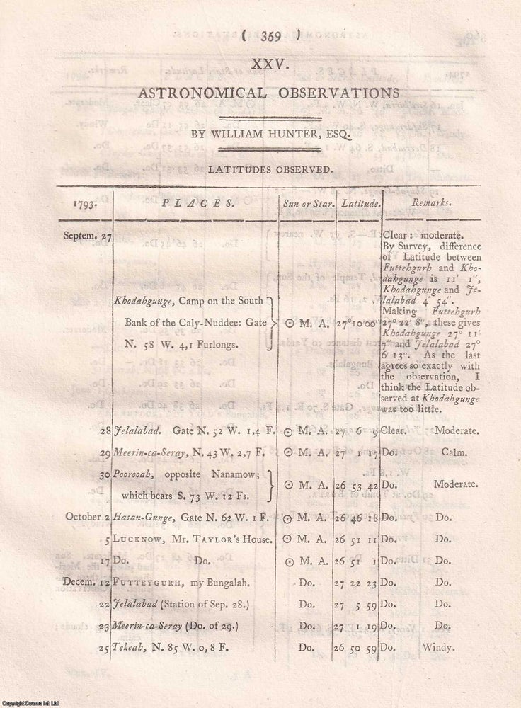 Item #359286 Astronomical Observations, by William Hunter, 1799. CHARTING THE HEAVENS ABOVE...