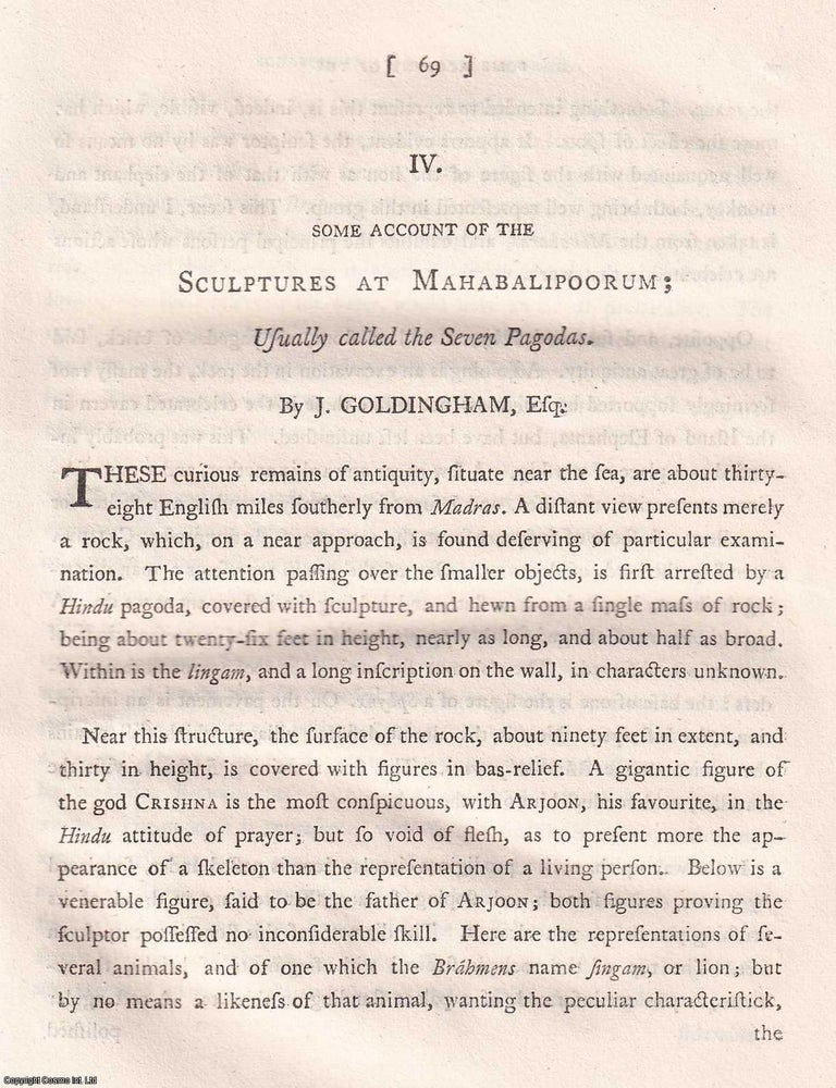 Item #359298 An Account of the Sculptures at Mahabalipuram (the Seven Pagodas), by J. Goldingham, 1799. CARVINGS OF THE COROMANDEL COAST.