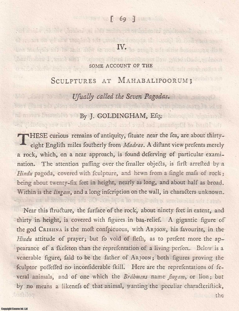 Item #359298 An Account of the Sculptures at Mahabalipuram (the Seven Pagodas), by J. Goldingham,...