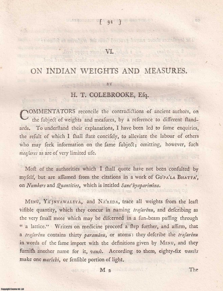 Item #359300 On Indian Weights and Measures, by H. T. Colebrooke, 1799. MEASURES AND METROLOGY OF INDIA.