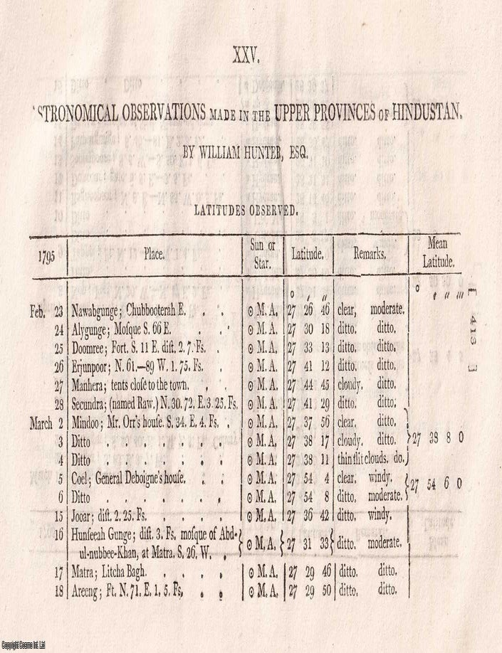 Item #359319 Astronomical Observations in Northern Hindustan, by William Hunter, 1799. CHARTING THE SKIES OF THE UPPER PROVINCES.