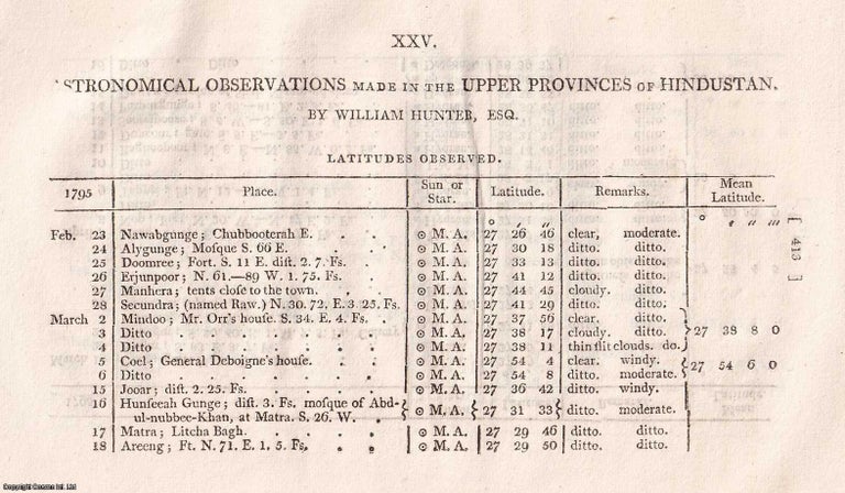 Item #359319 Astronomical Observations in Northern Hindustan, by William Hunter, 1799. CHARTING...
