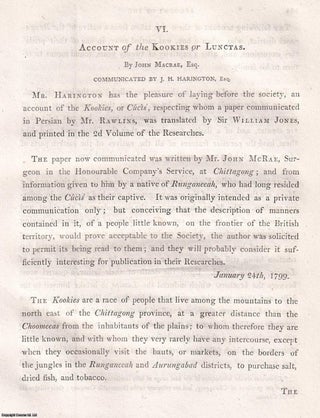 Account of the Kookies or Lunctas. An original article extracted. Esq. Communicated by John Macrae.