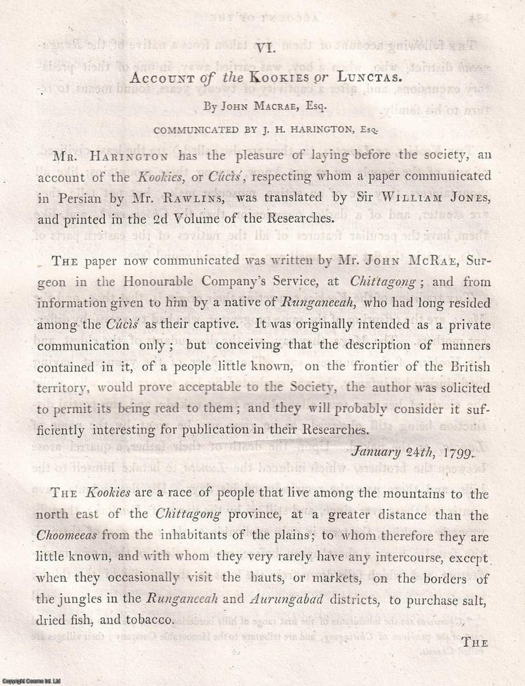Item #359339 Account of the Kookies or Lunctas. 16 pages. An article printed in 1803, written by...