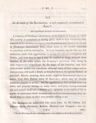 An Account of the Bazeegurs, a sect commonly denominated Nuts. An original article extracted from Asiatick Researches; or Transactions of the Society Instituted in Bengal, 1803. [Afterwards known as The Asiatic Society of Bengal].