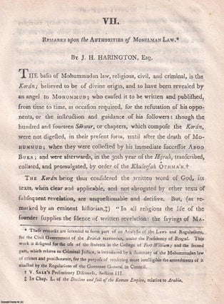 1808 Remarks upon the Authorities of Muslim Law. An original. J H. Harington Esq.
