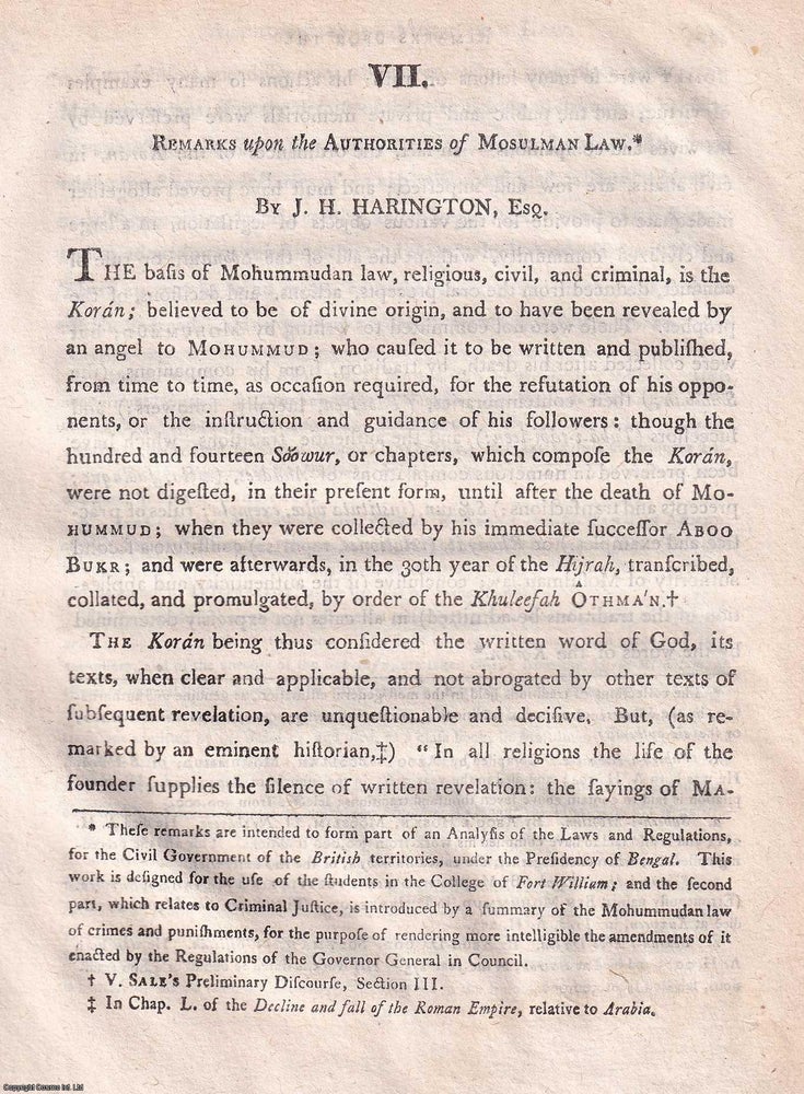 Item #359380 1808 Remarks upon the Authorities of Muslim Law. 38 pages. An article printed in...