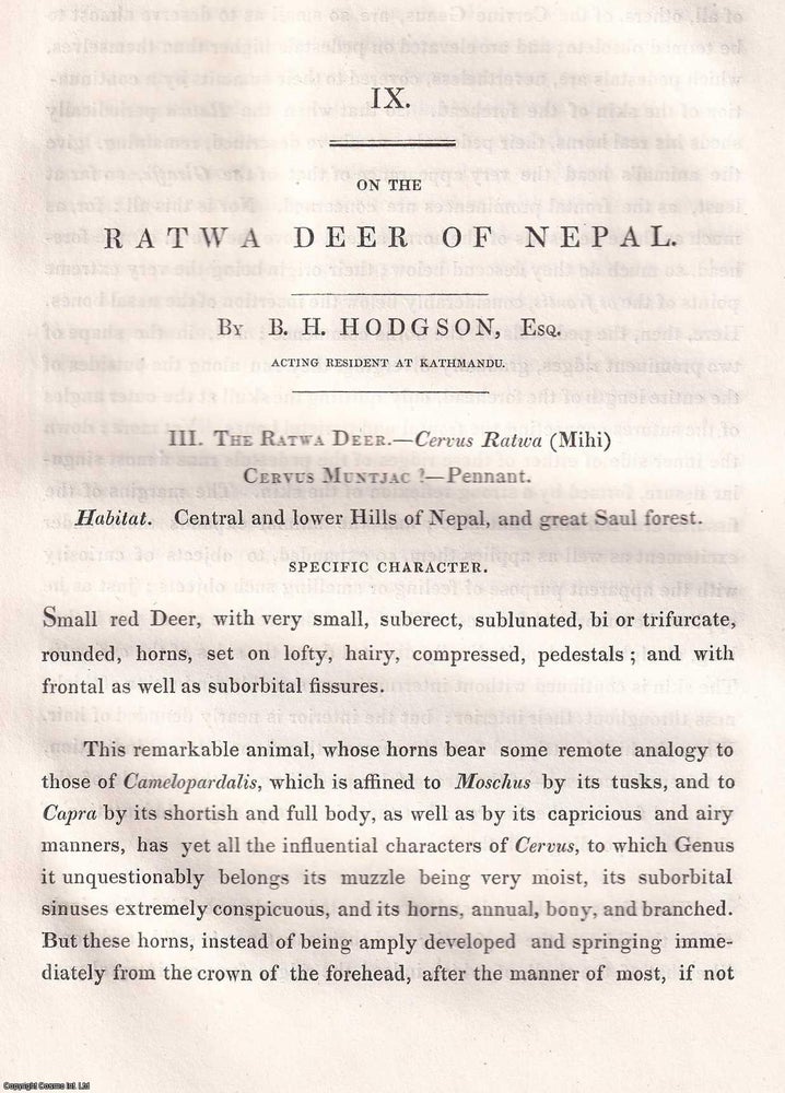 Item #359562 On the Ratwa Deer of Nepal. An original article extracted from Asiatic Researches; or Transactions of the Society Instituted in Bengal, 1833. [Afterwards known as The Asiatic Society of Bengal]. Acting Resident at Kathmandu B H. Hodgson.