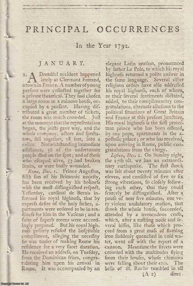 Item #359694 Principal Occurrences in the Year 1792. An original article printed in 1792 : 40...