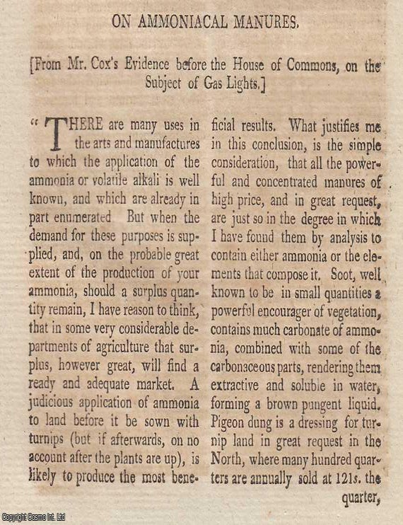 Item #359697 On Ammoniacal Manures. From Mr Cox's Evidence before the House of Commons, on...