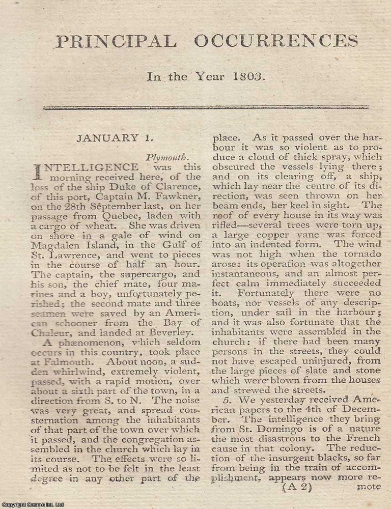 Item #359720 Principal Occurrences in the Year 1803. An original article from The New Annual...