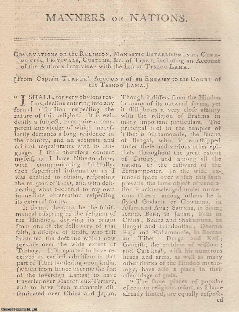 Item #359734 Observations on the Religion and Manners of Tibet, TOGETHER WITH Reception of the...
