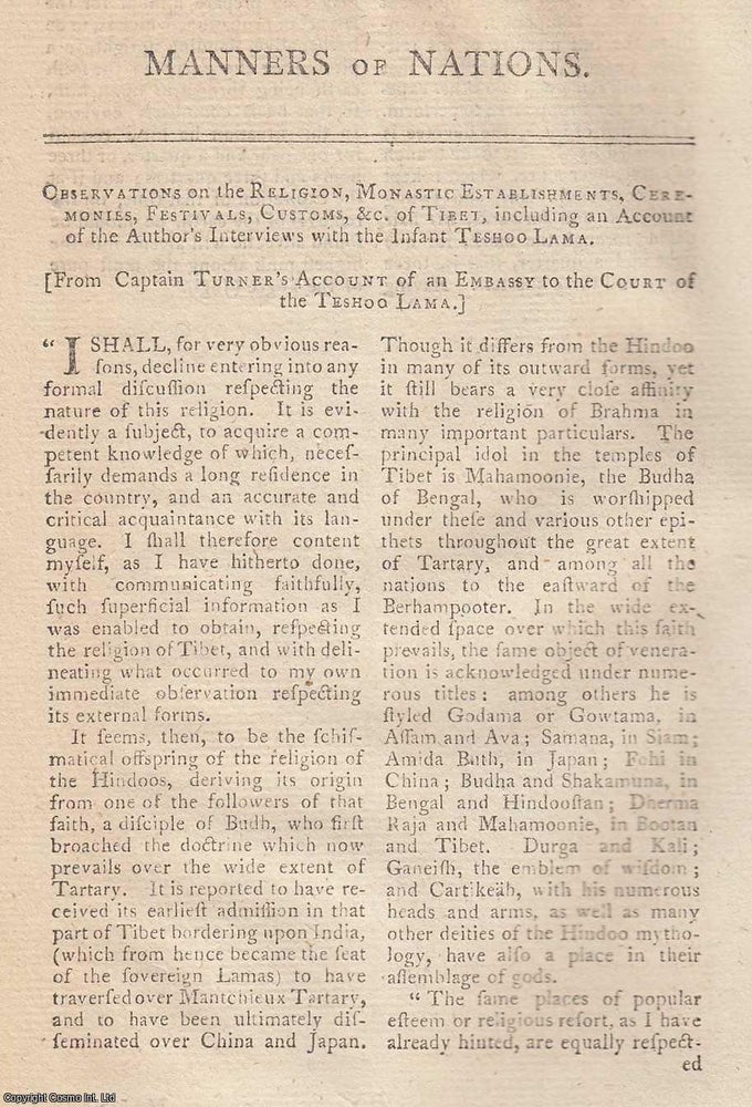 Item #359734 Observations on the Religion and Manners of Tibet, TOGETHER WITH Reception of the...