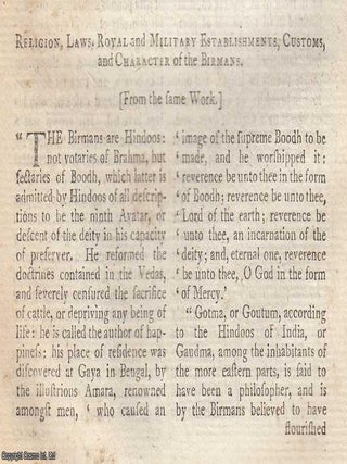 Observations on the Religion and Manners of Tibet, TOGETHER WITH Reception of the British Embassy at the Birman Court, TOGETHER WITH Customs and Character of the Birmans, TOGETHER WITH Manners and Customs of the Inhabitants of Malabar, TOGETHER WITH Particulars concerning the Djeouaby Arabs and the Bedouins. An original article from The New Annual Register for 1800.