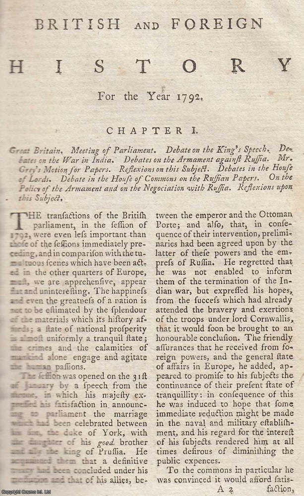 Item #359746 British & Foreign History for the Year 1792. An original article printed in 1792...