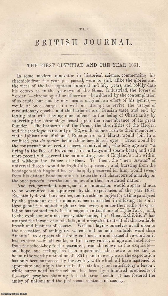 Item #359756 The First Olympiad and the Year 1851. An original article from The British Journal, 1852. Stated.