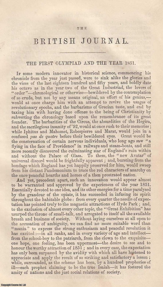 Item #359756 The First Olympiad and the Year 1851. An original article from The British Journal,...