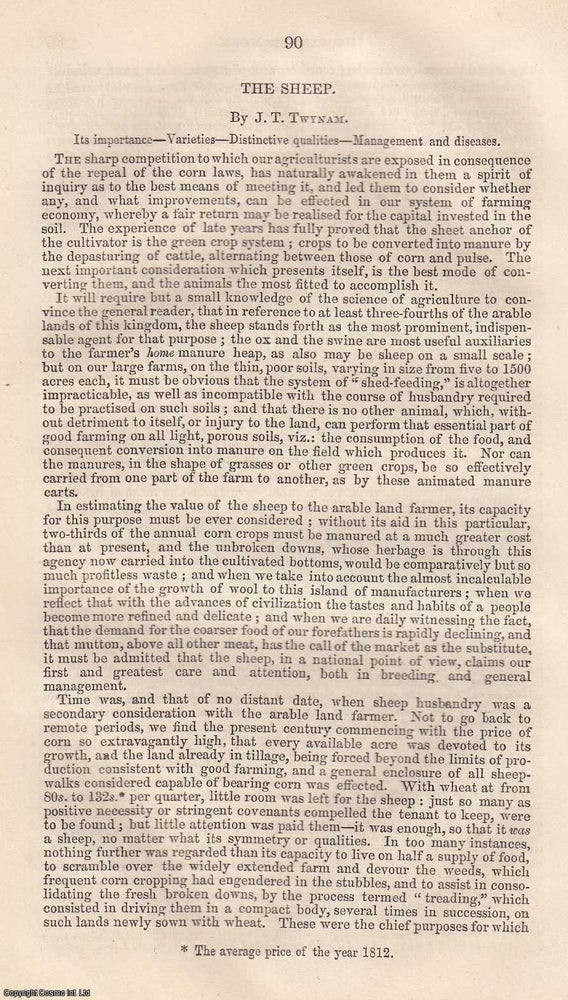 Item #359758 The Sheep. Its importance, varieties, distinctive qualities, management and diseases. An original article from The British Journal, 1852. J T. Twynam.